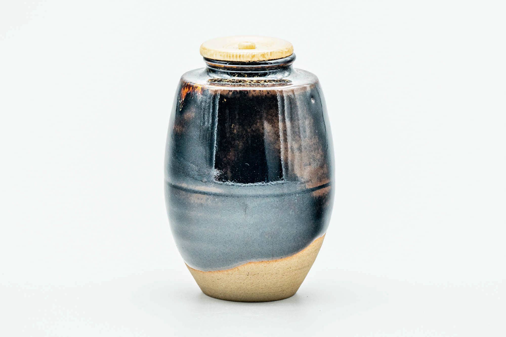 Japanese Chaire - 桶谷定一 Teiichi Oketani - Black Drip-Glazed Katatsuki Kyo-yaki Tea Canister with Shifuku