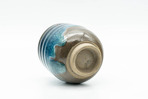Japanese Teacup - Blue Hare's Fur Drip Glazed Yunomi - 115ml - tilted view showing the foot and base
