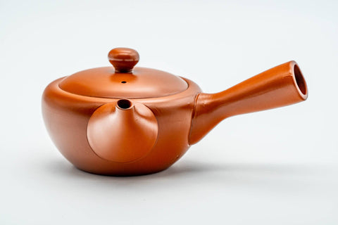 Japanese Kyusu - Smooth Red Shudei Tokoname-yaki Ceramic Teapot - 270ml - rear three-quarter view with the side handle extended