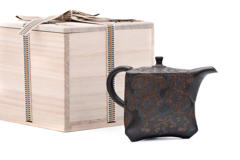 茶道具 古錫 唐木紫檀張 六角茶壷 茶心壷 一對 時代箱付 J R5494