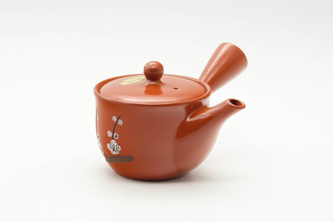 Tezumi — Japanese Kyusu - Painted Plum Blossom Tokoname-yaki Mesh Filter Teapot - 200ml — side view with the lid and side handle