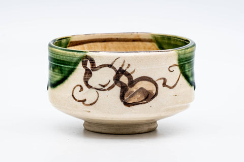 Japanese Matcha Bowl - Beige Green Gourd Oribe-yaki Chawan - 400ml