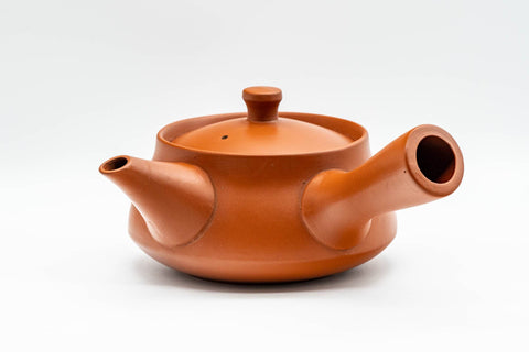 Japanese Tea Set - Long Grass Engraved Tokoname-yaki Debeso Kyusu Teapot with 5 Yunomi Teacups - front view of the teapot with the spout facing left