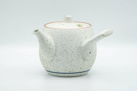 Tezumi — Japanese Tea Set - Blue Floral White Matte Glazed Arita-yaki Debeso Kyusu Teapot and 5 Yunomi Teacups — interior of the teapot showing the filter
