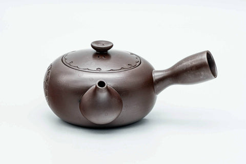 Purple-brown Banko-yaki kyusu, three-quarter view with the spout to the right and handle to the left