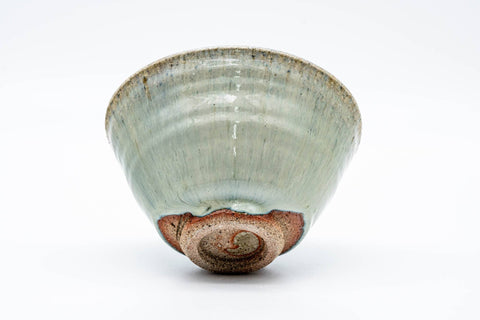 Japanese Matcha Bowl - Sage Hare's Fur Drip-Glazed Chawan - 450ml - angled view showing the body and foot