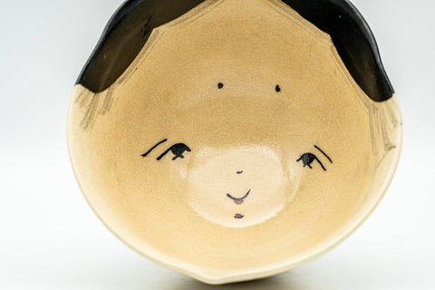 Tezumi — Japanese Matcha Bowl - Otafuku Okame Themed Kyo-yaki Chawan - 300ml — inverted showing the foot ring
