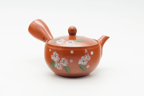 Tezumi — Japanese Kyusu - Floral Painted Red Shudei Tokoname-yaki Mesh Filter Teapot - 150ml — three-quarter view