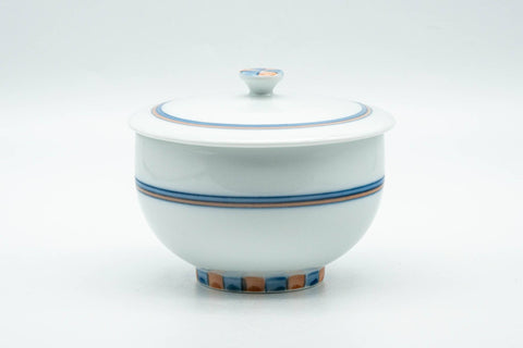 Japanese Teacup - Blue Orange Geometric Patterned Arita-yaki Lidded Yunomi - 140ml - Tezumi