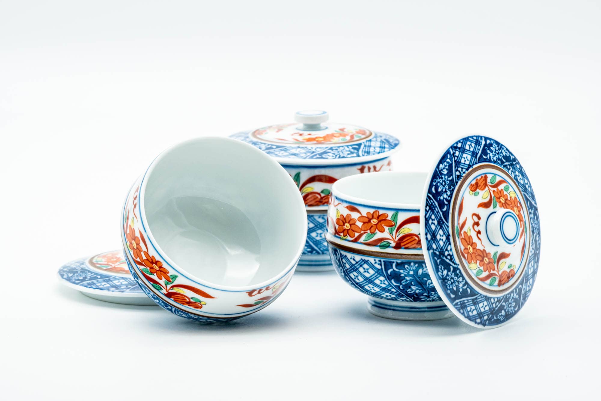 Japanese Tea Set - Floral Geometric Arita-yaki Dobin Teapot with 3 Lidded Yunomi