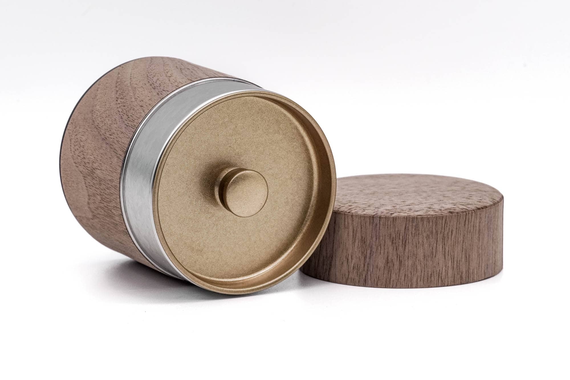 Japanese Chazutsu - 江東堂 Kotodo - Natural Wood Walnut Wrapped Metal Tea Canister - 100g