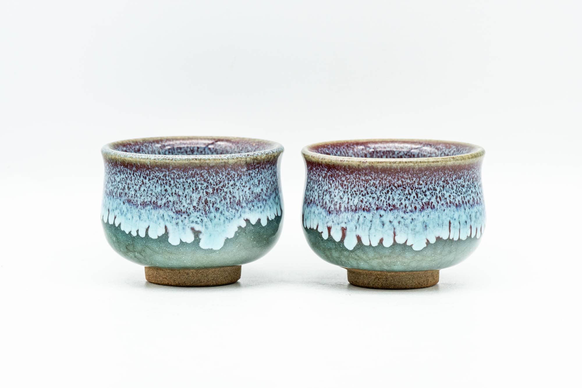 Japanese Teacups - Pair of Blue Turquoise Drip-Glazed Kanji Guinomi - 40ml