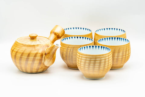 Japanese Tea Set - 有田焼 Arita-yaki Porcelain Debeso Kyusu Teapot with 5 Yunomi Teacups in Wooden Box