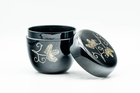 Japanese Natsume - Gold Floral Black Lacquer Matcha Tea Caddy - 80ml - lid removed and set beside the body, top-down showing the gold motif on the lid