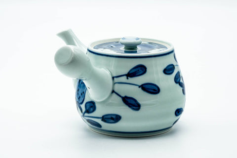 Japanese Kyusu - Blue Floral Arita-yaki Ceramic Filter Teapot - 400ml - rear three-quarter view with the side handle extended