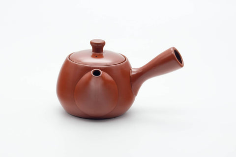 Tezumi — Japanese Kyusu - Smooth Unglazed Dark Red Shudei Tokoname-yaki Mesh Filter Teapot - 290ml — side view with the lid and side handle