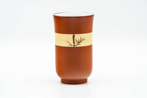 Tezumi — Japanese Teacup - 秋景 Shūkei - Tall Plum Blossoms Yellow Striped Tokoname-yaki Yunomi - 140ml — three-quarter view