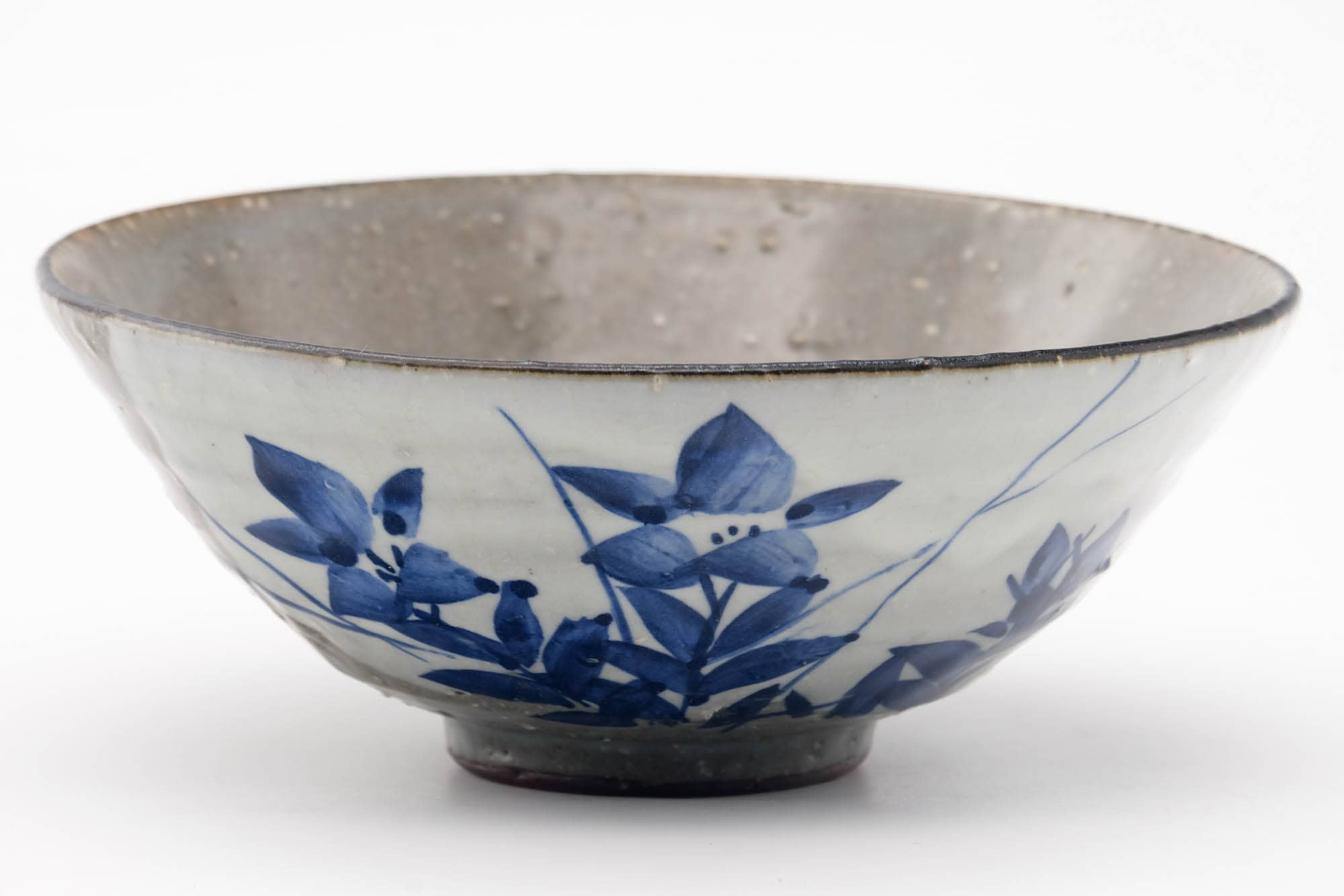 Japanese Matcha Bowl - Blue Floral Grey Glazed Chawan - 300ml