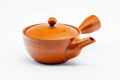 Wide low red shudei Tokoname-yaki side-handle kyusu, lid on, three-quarter view.