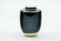 Front view of the black-blue katatsuki tea caddy, slightly rotated.