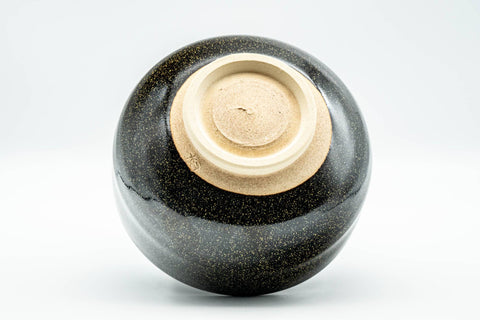Japanese Matcha Bowl - Black Yellow Speckled Glazed Chawan - 250ml - tilted view showing the foot ring
