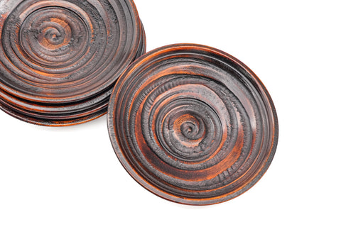 Japanese Chataku - Set of 5 Spiraling Wooden Tea Saucers