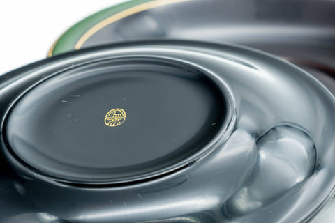 Close-up of a saucer well with a small central mark, framed by the green-trimmed edge.