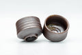 Tezumi — Japanese Teacups - Pair of Brown Spiraling Stoneware Guinomi - 40ml — three-quarter view