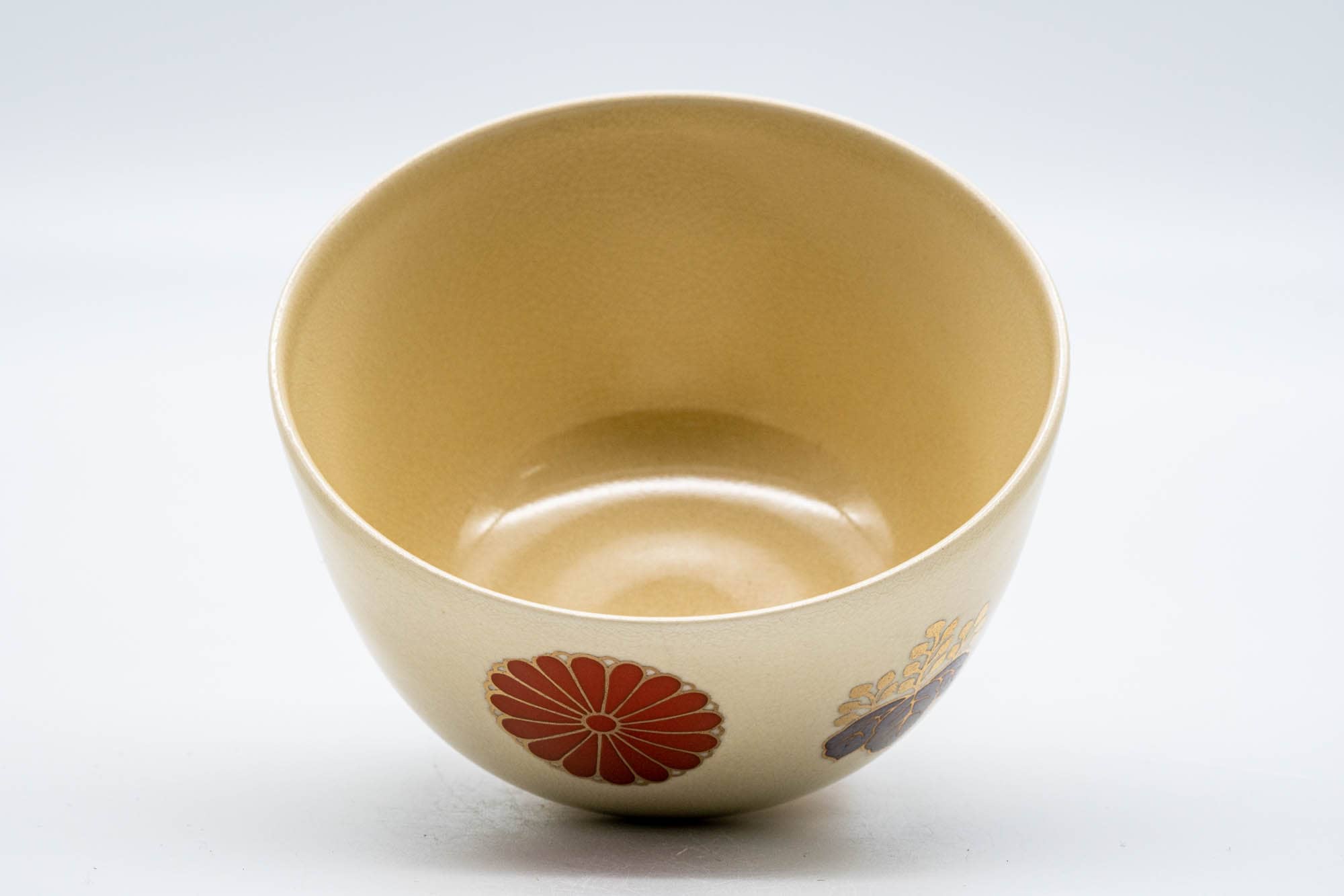 Japanese Matcha Bowl - Beige Floral Kyo-yaki Hantsutsu-gata Chawan - 300ml