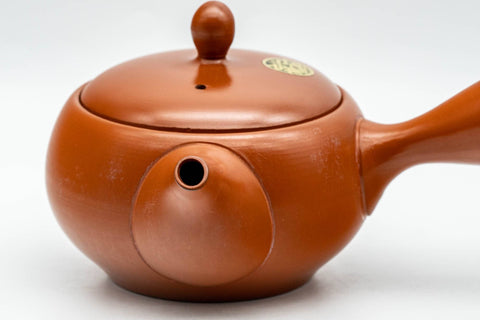 Tezumi — Japanese Kyusu - Kanji Engraved Red Shudei Tokoname-yaki Mesh Teapot - 350ml — closeup of the decoration