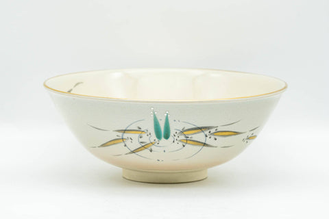 Japanese Matcha Bowl - Beige Gold Pond Leaves Kyo-yaki Summer Chawan - Juraku  寿楽 - 200ml