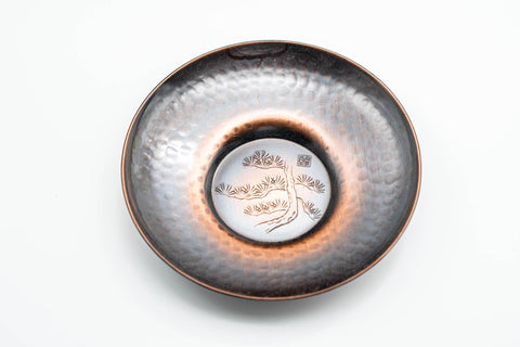 Japanese Chataku - Set of 5 Hammered Copper Uniquely Engraved Tea Saucers with Chasaji Tea Scoop in Wooden Box