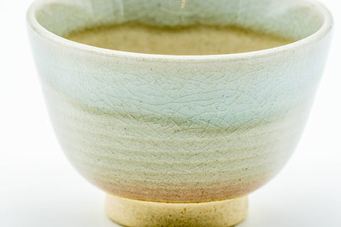 Close front view of a Hagi teacup emphasising the soft glaze and subtle tonal variation.