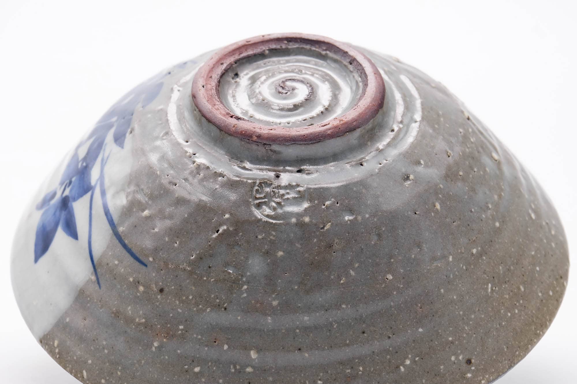 Japanese Matcha Bowl - Blue Floral Grey Glazed Chawan - 300ml