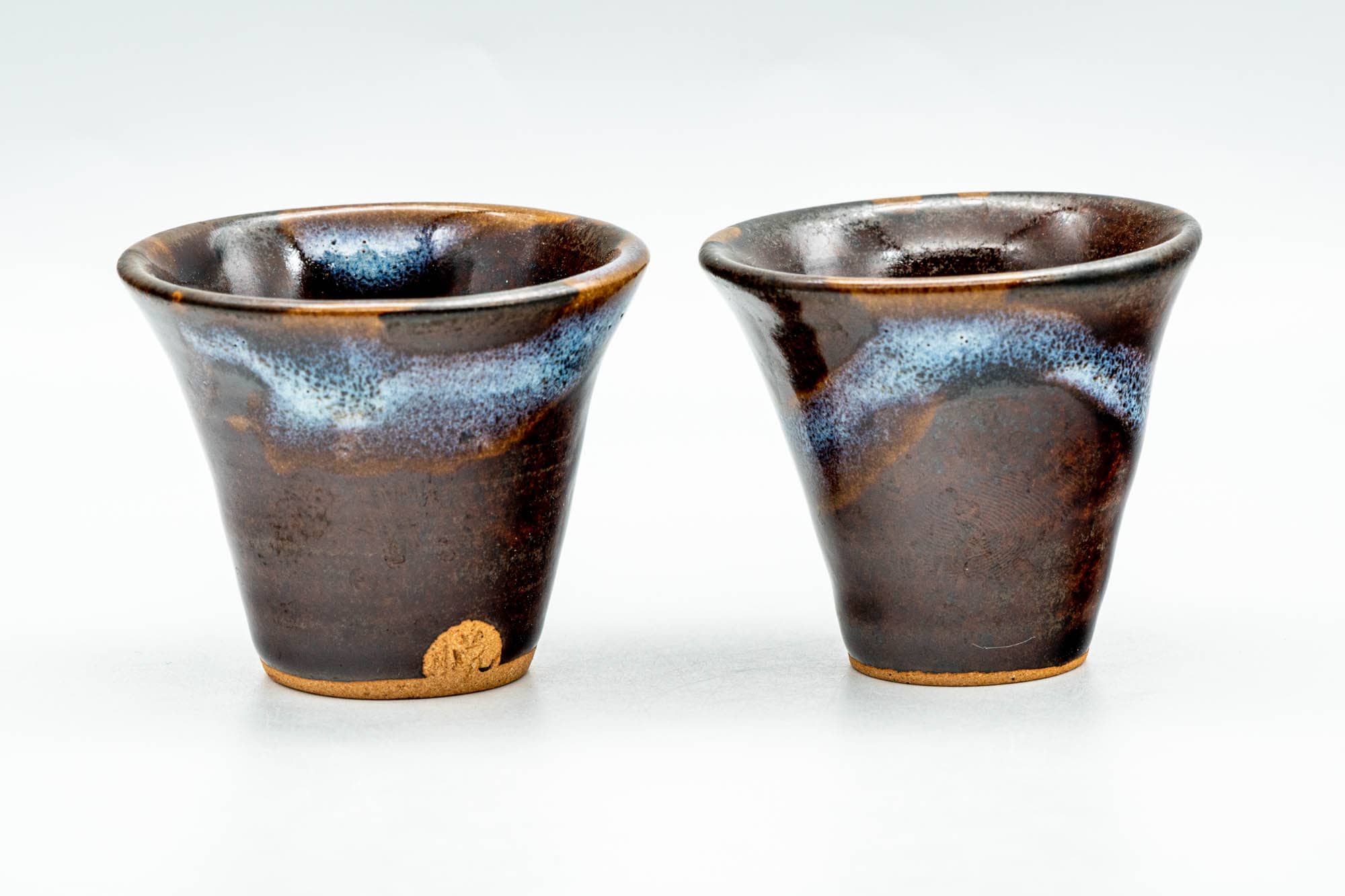 Japanese Teacups - Pair of Brown Blue Hare's Fur Glazed Guinomi - 30ml