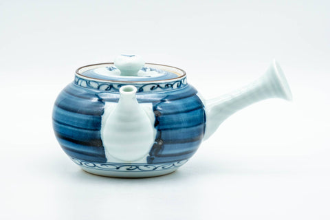 Tezumi — Japanese Kyusu - Blue Striped Village Arita-yaki Debeso Teapot - 300ml — side view with the lid and side handle