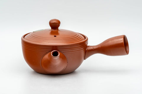 Japanese Kyusu - Spiraling Red Shudei Tokoname-yaki Mesh Teapot - 250ml - side view with the side handle pointing to the right