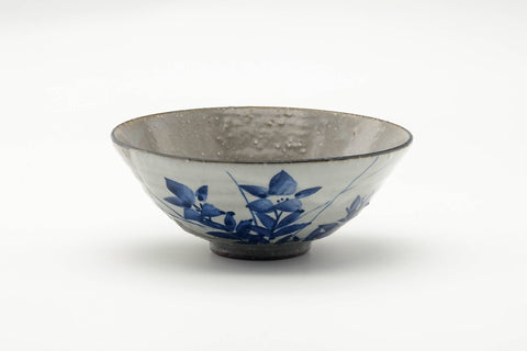 Japanese Matcha Bowl - Blue Floral Grey Glazed Chawan - 300ml