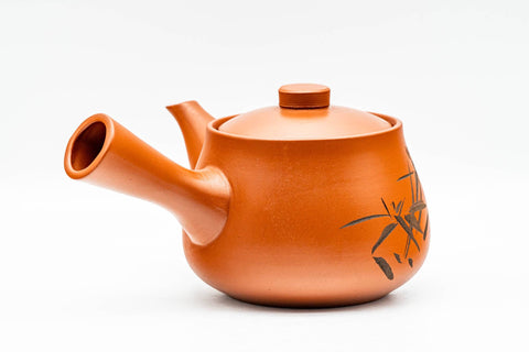 Japanese Kyusu - Bamboo Engraved Red Shudei Tokoname-yaki Ceramic Filter Teapot - 315ml - rear three-quarter view showing the handle