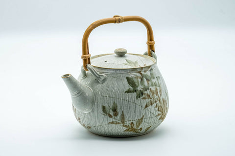 Tezumi — Japanese Tea Set - Beige Speckled Floral Kiyomizu-yaki Dobin Teapot with 5 Yunomi Teacups — the teapot in three-quarter view