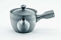Side view of the black kyusu with the handle to the right, lid on.