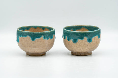Tezumi — Japanese Teacups - Pair of Turquoise Drip-Glazed Agano-yaki Yunomi - 85ml — front view from another angle
