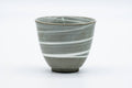 Grey-green teacup with spiralling white bands, front view.