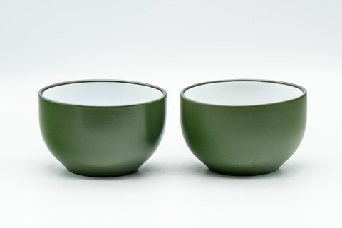 Japanese Teacups - Pair of Green Ryokudei Tokoname-yaki Yunomi - 120ml - angled view of the pair showing the green exteriors