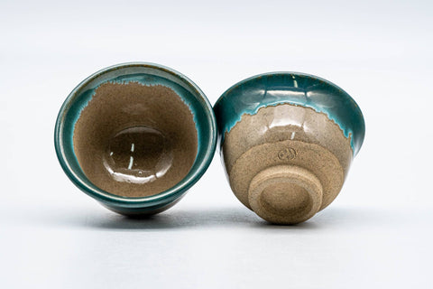 Japanese Teacups - Pair of Beige Green Drip-Glazed Agano-yaki Yunomi - 60ml