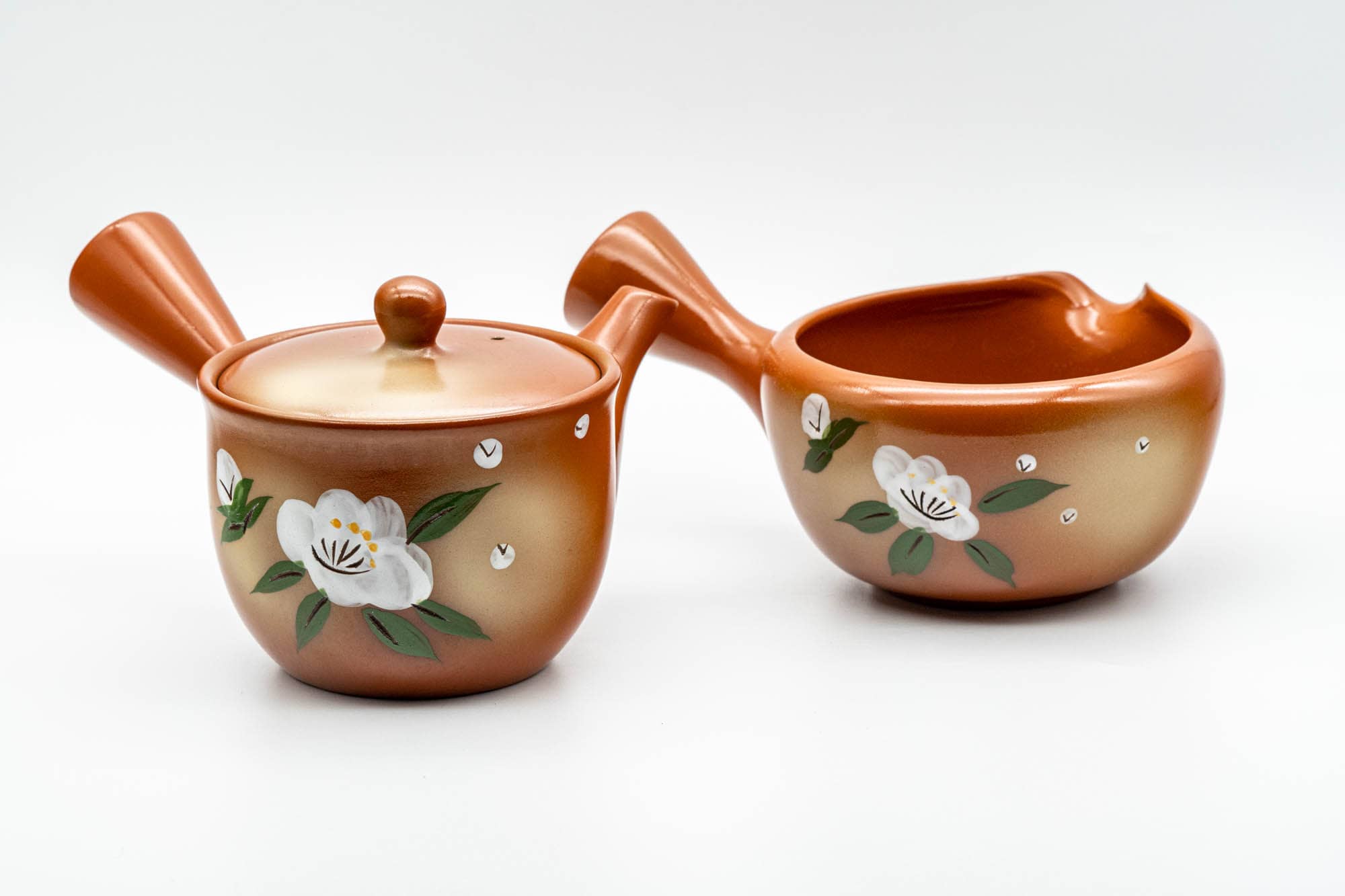 Japanese Tea Set - White Floral Tokoname-yaki Kyusu Teapot and Yuzamashi Water Cooler