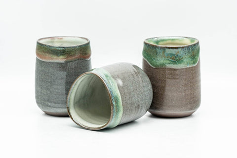 Tezumi — Japanese Teacup - Set of 3 Triangular-Shaped Green Drip-Glazed Yunomi - 90ml — front view from another angle