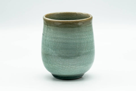 Japanese Teacup - Floral Green Celadon Glazed Yunomi - 180ml - side view of the celadon-glazed cup