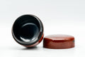 Japanese Natsume - Red Lacquer Spotted Matcha Tea Caddy - 80ml - looking into the open caddy showing the dark interior, lid set beside it