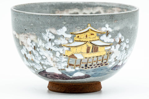 Japanese Matcha Bowl - Grey White Drip-Glazed Kinkaku-ji Golden Temple Chawan - 350ml